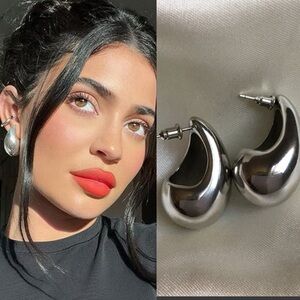 NWT Vintage Silver Raindrop Chunky Stainless Steel J Hoop Bottega Style Earrings